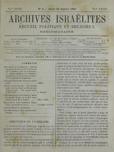 Archives israélites de France. Vol.41 N°05 (29 janv. 1880)